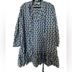 Zara blue and white long sleeve shift dress with tie waist